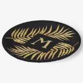 トロピカルゴールドグリッター パームツリーの葉っぱ ブラック背景 ペーパープレート (アングル)