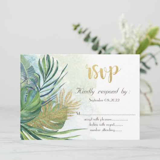 トロピカルゴールドパームリーフサマー 出席のお返事 招待状 (スタンド正面)