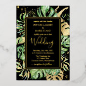 トロピカルゴールド箔とエレガント黒い結婚葉 箔招待状 (正面)