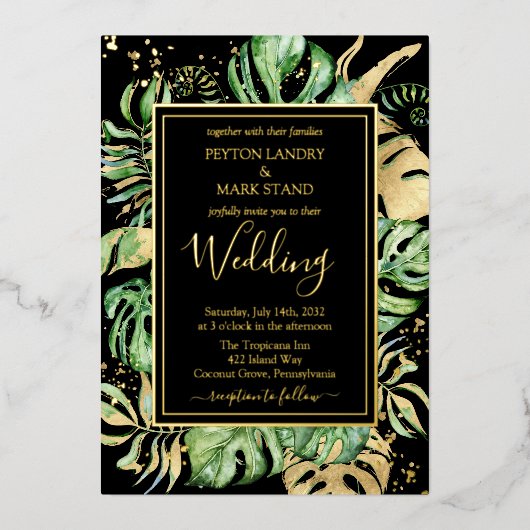 トロピカルゴールド箔とエレガント黒い結婚葉 箔招待状 (正面)