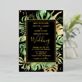 トロピカルゴールド箔とエレガント黒い結婚葉 箔招待状 (立ち正面)