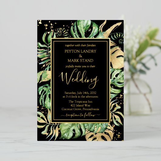 トロピカルゴールド箔とエレガント黒い結婚葉 箔招待状 (立ち正面)