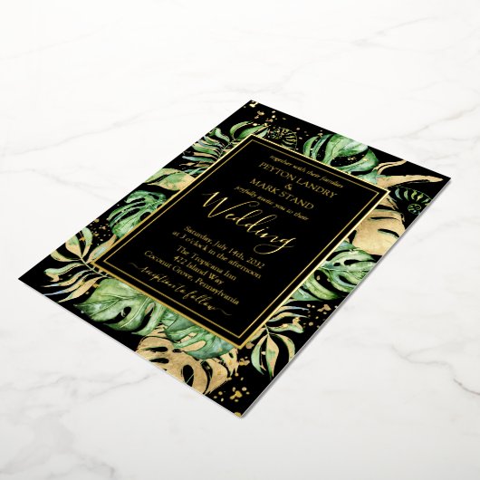 トロピカルゴールド箔とエレガント黒い結婚葉 箔招待状 (回転した状態)