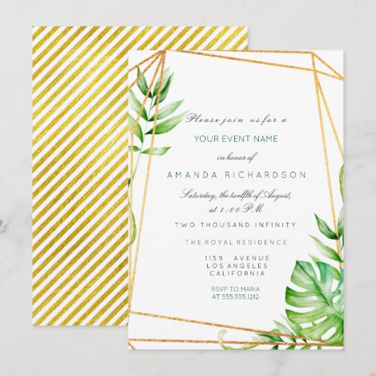 トロピカルゴールド ポリゴナル フレーム ストライプ ライン 緑 招待状 (正面/裏面)