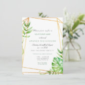 トロピカルゴールド ポリゴナル フレーム ストライプ ライン 緑 招待状 (スタンド正面)