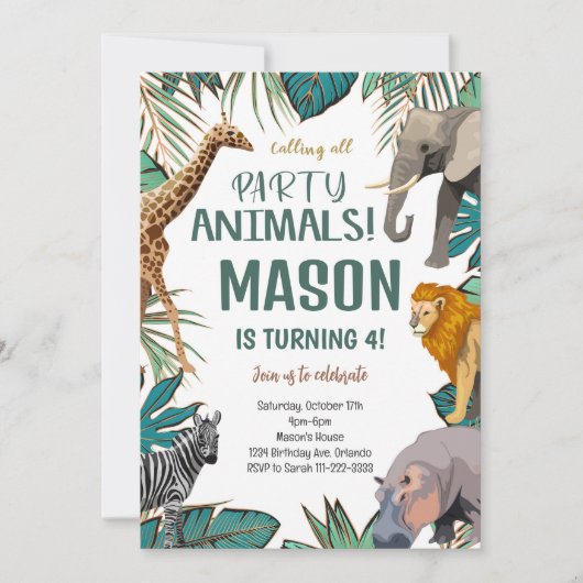 トロピカルサファリアニマルズ誕生日招待状 招待状 (正面)