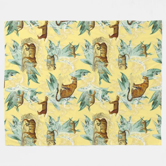 トロピカルサファリカッコいいワイルドキャッツタイガーイエロー フリースブランケット (正面(横))