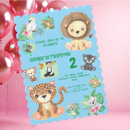 トロピカルサファリジャングルアニマルズ子供の誕生日 招待状