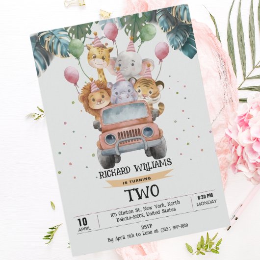 トロピカルサファリワイルドアニマルズジャングル子供の誕生日 招待状