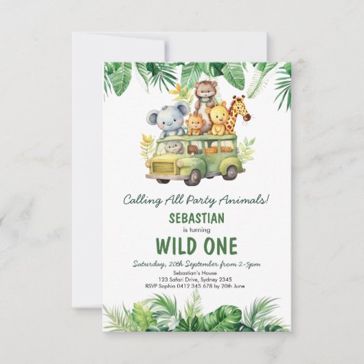 トロピカルサファリワイルドワンジャングルアニマルズ誕生日 招待状 (正面)