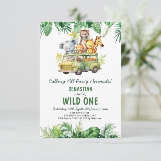 トロピカルサファリワイルドワンジャングルアニマルズ誕生日 招待状 (スタンド正面)