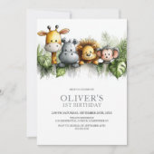 トロピカルサファリ動物の1歳誕生日パーティー 招待状 (正面)