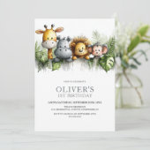 トロピカルサファリ動物の1歳誕生日パーティー 招待状 (スタンド正面)