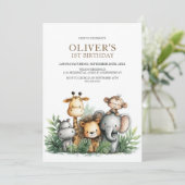 トロピカルサファリ動物の1歳誕生日パーティー 招待状 (スタンド正面)