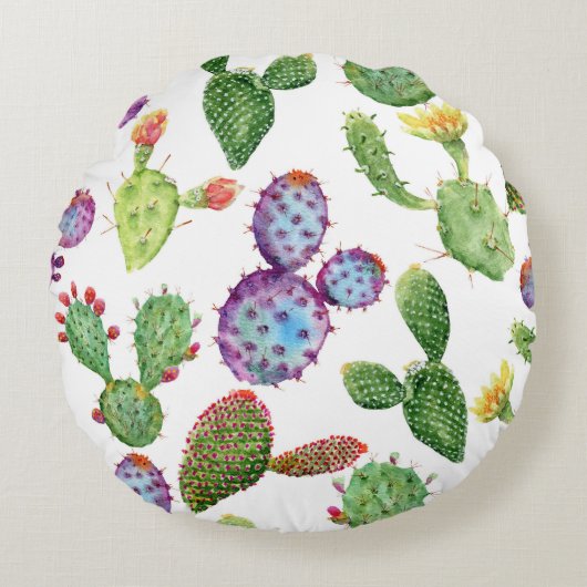 トロピカルサボテン:水彩シームレスパターン ラウンドクッション (正面)