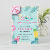 トロピカルサマーおもしろいガールズプールパーティー誕生日 招待状 (スタンド正面)