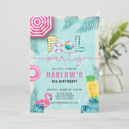 トロピカルサマーおもしろいガールズプールパーティー誕生日 招待状 (スタンド正面)