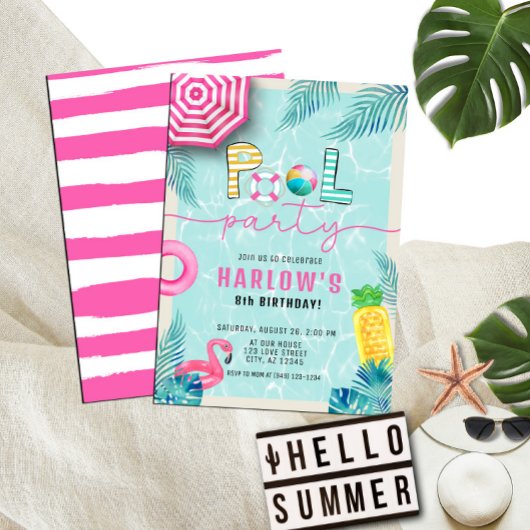 トロピカルサマーおもしろいガールズプールパーティー誕生日 招待状