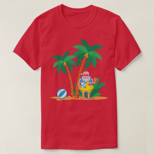 トロピカルサマーおもしろいバケーションサンタクロース Tシャツ (デザイン正面)