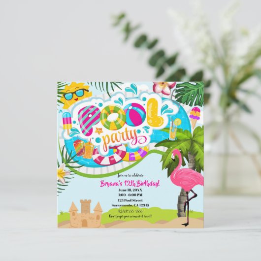 トロピカルサマーおもしろいプールパーティースイム誕生日 招待状 (スタンド正面)