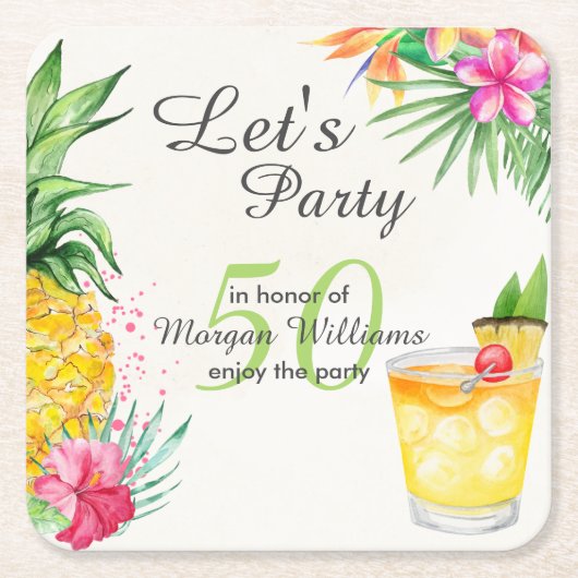 トロピカルサマーカクテル50thバースデーパーティー スクエアペーパーコースター (正面)
