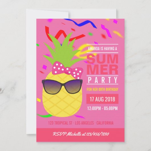 トロピカルサマーガールバースデーパーティー招待状 招待状 (正面)