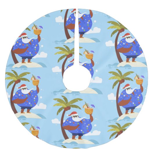 トロピカルサマークリスマス休暇ブラックサンタ ブラッシュドポリエステルツリースカート (正面)