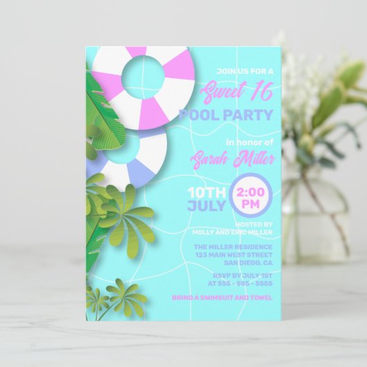 トロピカルサマースイート16誕生日プールパーティー 招待状 (スタンド正面)