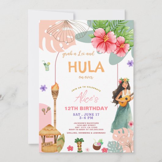 トロピカルサマーハワイフラオン誕生日 招待状 (正面)