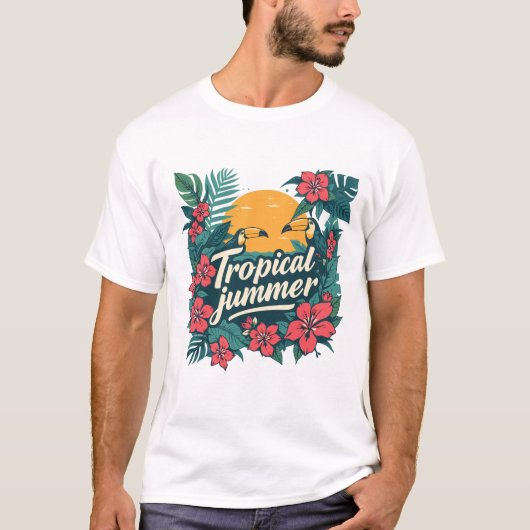 トロピカルサマーバイブスTシャツ - レトロジャングルデザイン Tシャツ (正面)