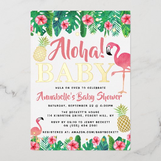 トロピカルサマービーチルアウ（ハワイ式宴会）ガールズベビーシャワー実在 箔招待状 (正面)