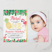 トロピカルサマービーチルアウ（ハワイ式宴会）ガールズ1歳実在誕生日 箔招待状 (正面)