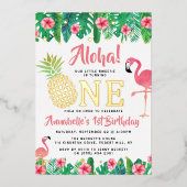 トロピカルサマービーチルアウ（ハワイ式宴会）ガールズ1歳実在誕生日 箔招待状 (正面)