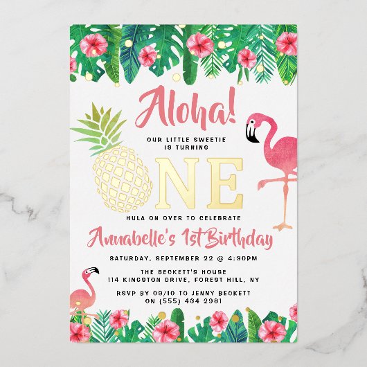 トロピカルサマービーチルアウ（ハワイ式宴会）ガールズ1歳実在誕生日 箔招待状 (正面)