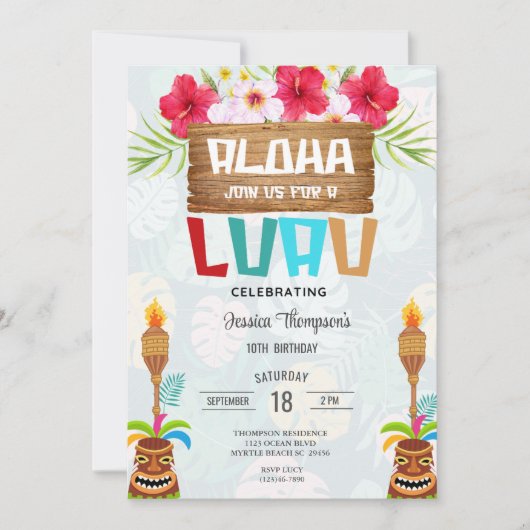トロピカルサマービーチルアウ（ハワイ式宴会）ガールズ10誕生日 招待状 (正面)