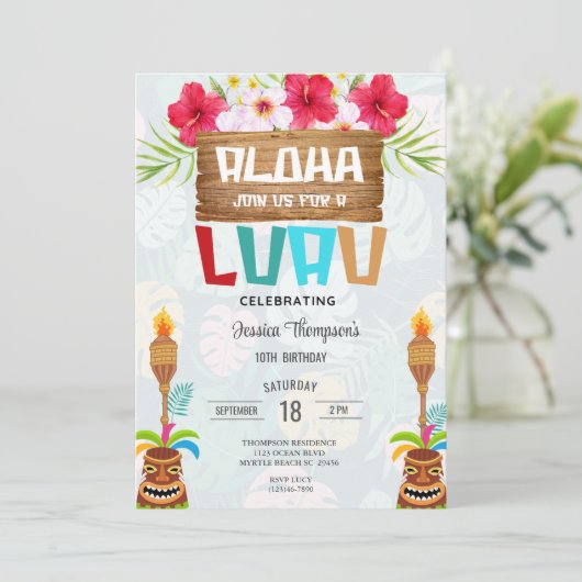 トロピカルサマービーチルアウ（ハワイ式宴会）ガールズ10誕生日 招待状 (スタンド正面)