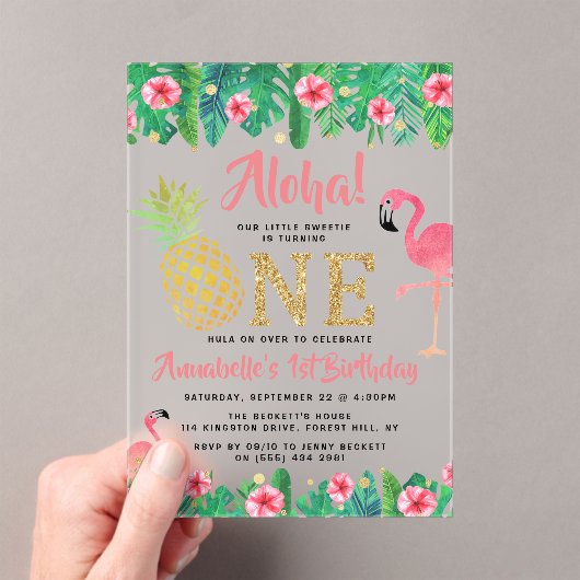 トロピカルサマービーチルアウ（ハワイ式宴会）ガールズ1st誕生日 アクリル招待状 (インサイチュ (ポータブル))