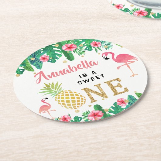 トロピカルサマービーチルアウ（ハワイ式宴会）ガールズ1st誕生日 ラウンドペーパーコースター (アングル)