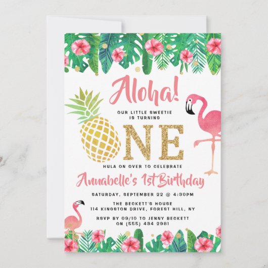 トロピカルサマービーチルアウ（ハワイ式宴会）ガールズ1st誕生日 招待状 (正面)