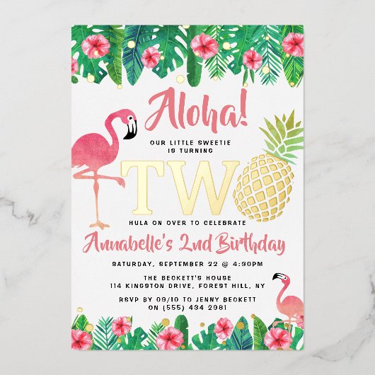 トロピカルサマービーチルアウ(ハワイ式宴会)ガールズ2ndバースデー実在 箔招待状 (正面)