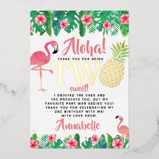 トロピカルサマービーチルアウ(ハワイ式宴会)ガールズ2ndバースデー実在 箔招待状 (正面)