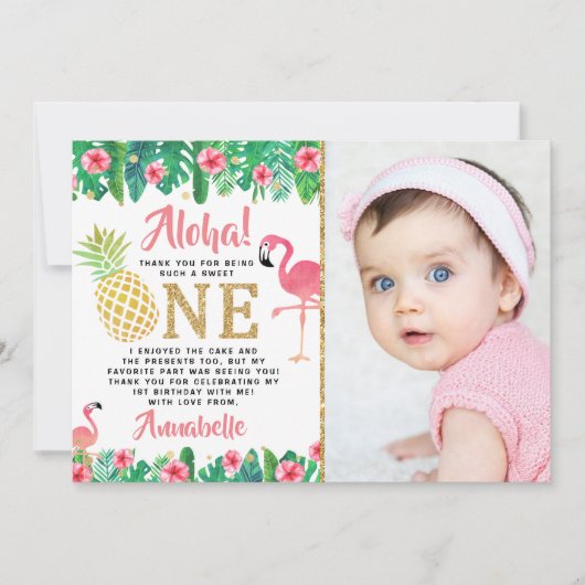 トロピカルサマービーチルアウ（ハワイ式宴会）ガールフォトフォト1st誕生日 サンキューカード (正面)