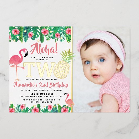 トロピカルサマービーチルアウ（ハワイ式宴会）ガール2ndバースデーフォト 箔招待状 (正面)