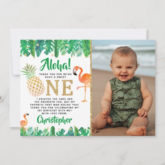 トロピカルサマービーチルアウ（ハワイ式宴会）ボーイズ写真1st誕生日 サンキューカード (正面)