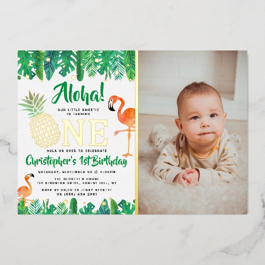 トロピカルサマービーチルアウ(ハワイ式宴会)ボーイズ1歳実在誕生日 箔招待状 (正面)
