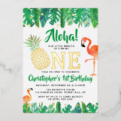 トロピカルサマービーチルアウ(ハワイ式宴会)ボーイズ1歳実在誕生日 箔招待状 (正面)