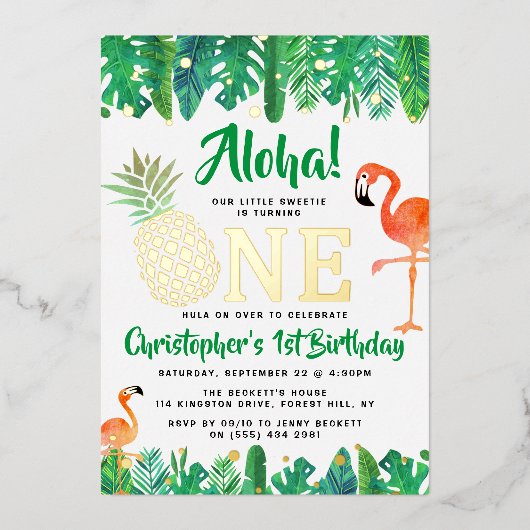 トロピカルサマービーチルアウ(ハワイ式宴会)ボーイズ1歳実在誕生日 箔招待状 (正面)