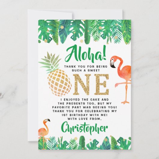 トロピカルサマービーチルアウ（ハワイ式宴会）ボーイズ1st誕生日 サンキューカード (正面)