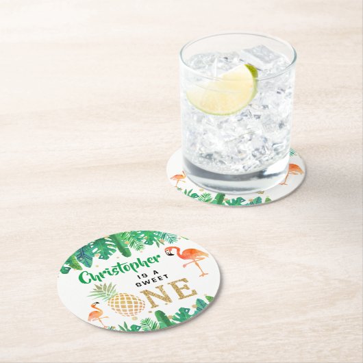 トロピカルサマービーチルアウ（ハワイ式宴会）ボーイズ1st誕生日 ラウンドペーパーコースター (インサイチュ)