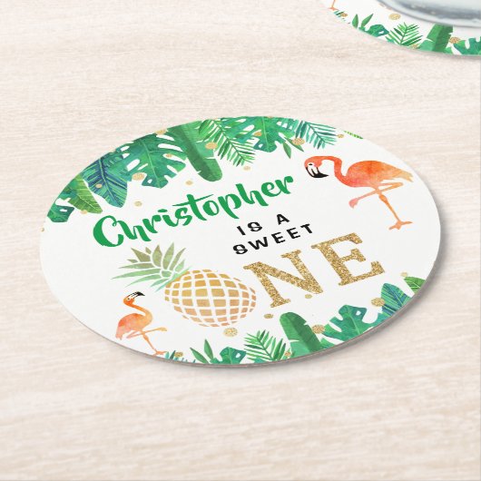 トロピカルサマービーチルアウ（ハワイ式宴会）ボーイズ1st誕生日 ラウンドペーパーコースター (アングル)